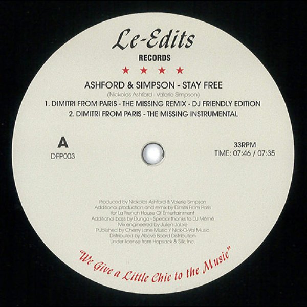 ASHFORD & SIMPSON - STAY FREE (DIMITRI FROM PARIS REMIXES)【限定12