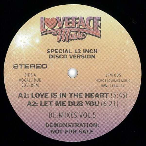 画像1: LOVEFACE - DE-MIXES: VOL 5 【12"INCH】 詳細不明のLOVEFACEが第5弾をリリース！ DEEE-LITEによる90'Sダンス・クラシック"GROOVE IS IN THE HEART"ネタを筆頭に鮮やかで煌びやかな80'S風エレクトリック・ディスコを披露！！ (1)