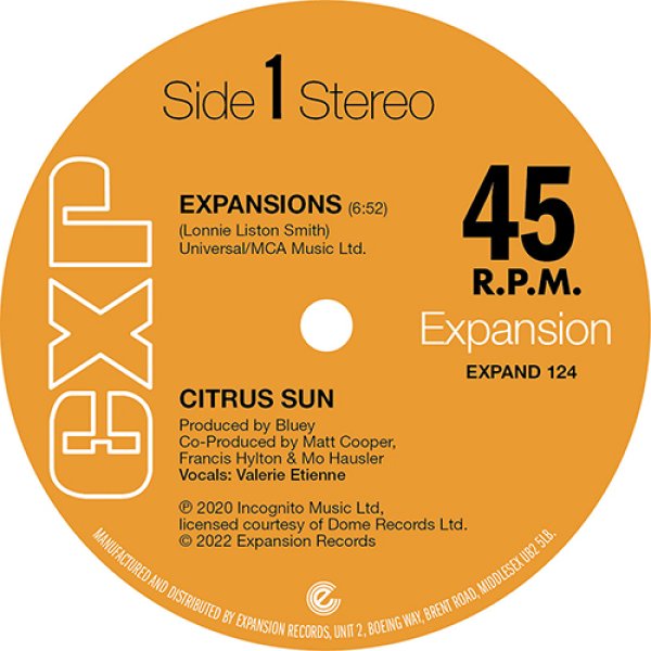 画像1: CITRUS SUN - EXPANSIONS / HARD BOILED 【12"INCH】 INCOGNITOから派生した、JEAN-PAUL MAUNICKことBLUEY率いる別働隊バンドによLONNIE LISTON SMITHのカヴァー曲が12インチ化！ (1)